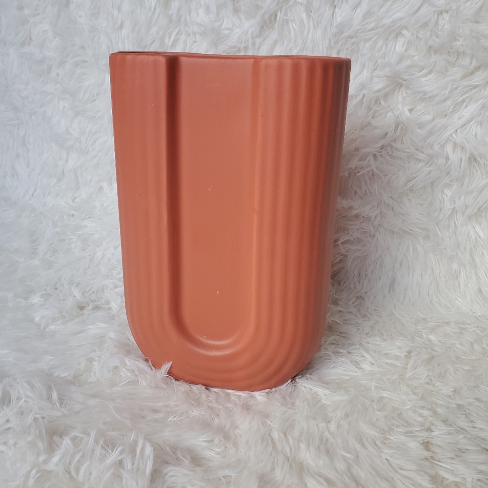 Terracotta Ribbed Vase Wide Aztec Style Vase 8.5" Tall x 5.5" Wide